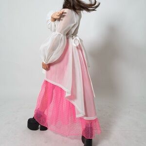 Sheer White Mesh Kimono Style Belted Coat with Balloon Puff Sleeves, Size: Small